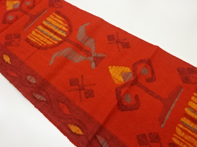 手織り紬抽象花葉模様織出し名古屋帯